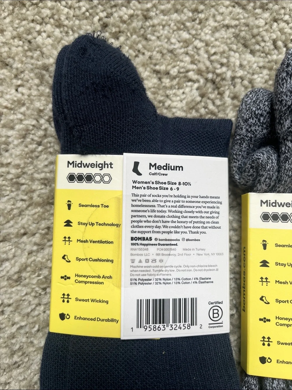 Bombas Men's Athletic Crew Socks in Black and Heather Gray (3-Pack) - Medium